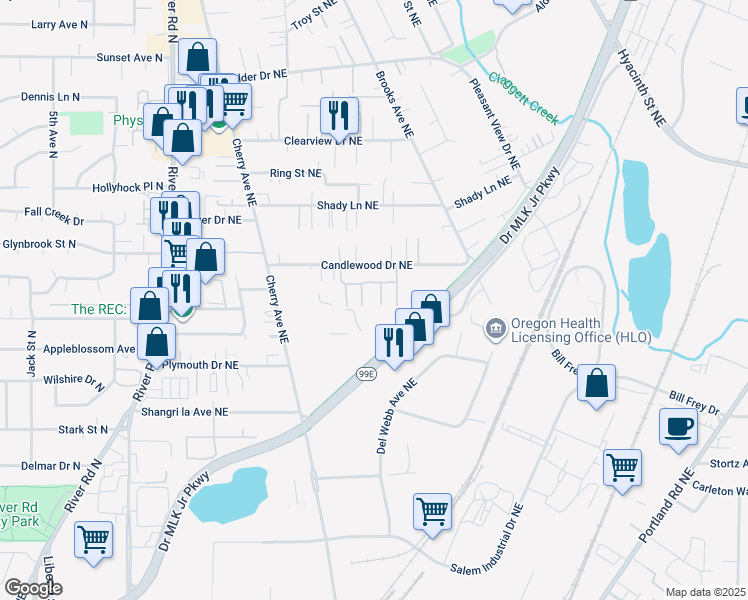 map of restaurants, bars, coffee shops, grocery stores, and more near 1208 Candlewood Drive Northeast in Keizer