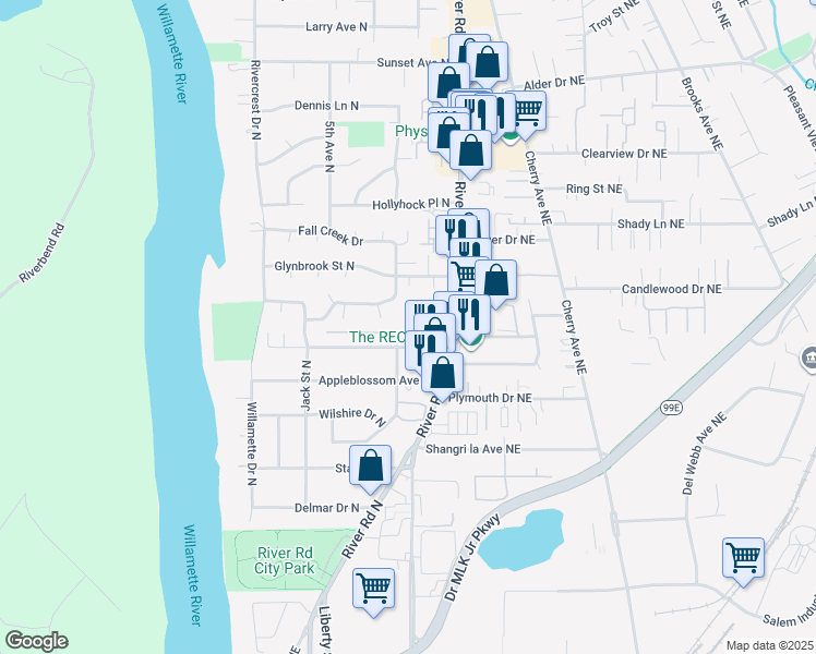 map of restaurants, bars, coffee shops, grocery stores, and more near 3544 Sandra Avenue North in Keizer