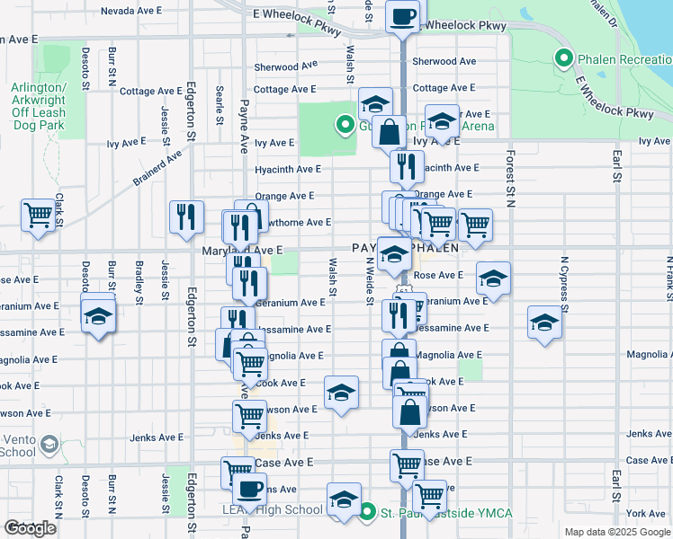 map of restaurants, bars, coffee shops, grocery stores, and more near 746 Maryland Avenue East in Saint Paul