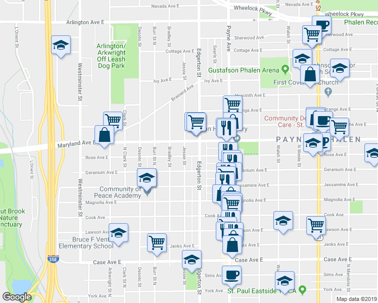 map of restaurants, bars, coffee shops, grocery stores, and more near 575 Maryland Avenue East in Saint Paul