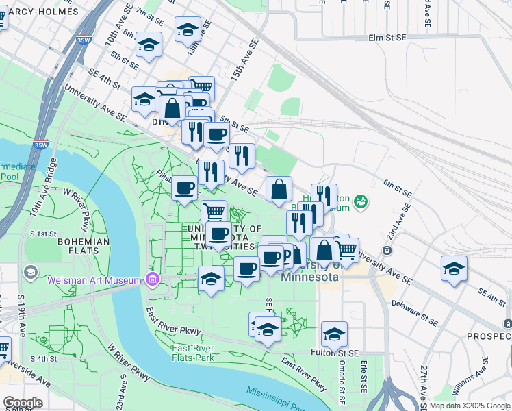 map of restaurants, bars, coffee shops, grocery stores, and more near 1725 University Avenue Southeast in Minneapolis