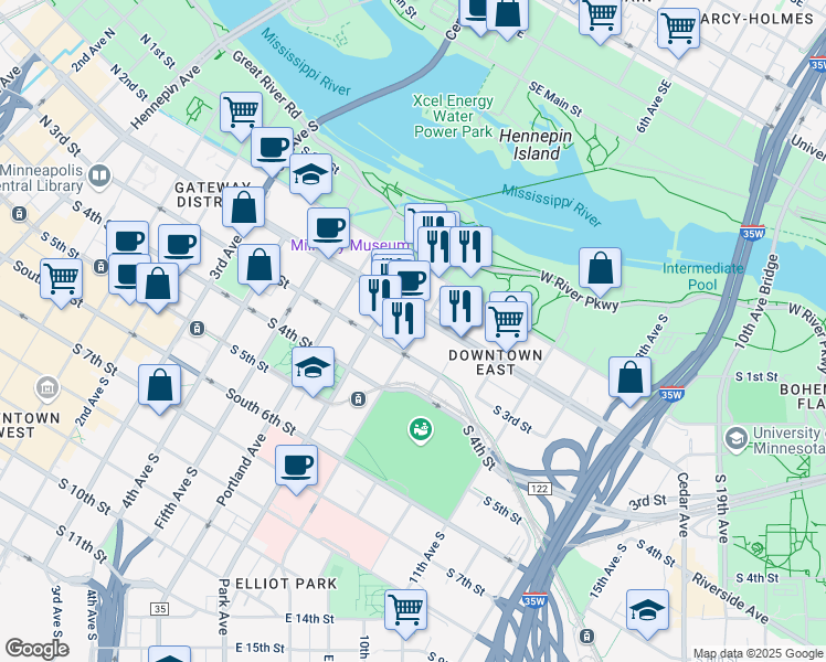 map of restaurants, bars, coffee shops, grocery stores, and more near 720 South Washington Avenue in Minneapolis