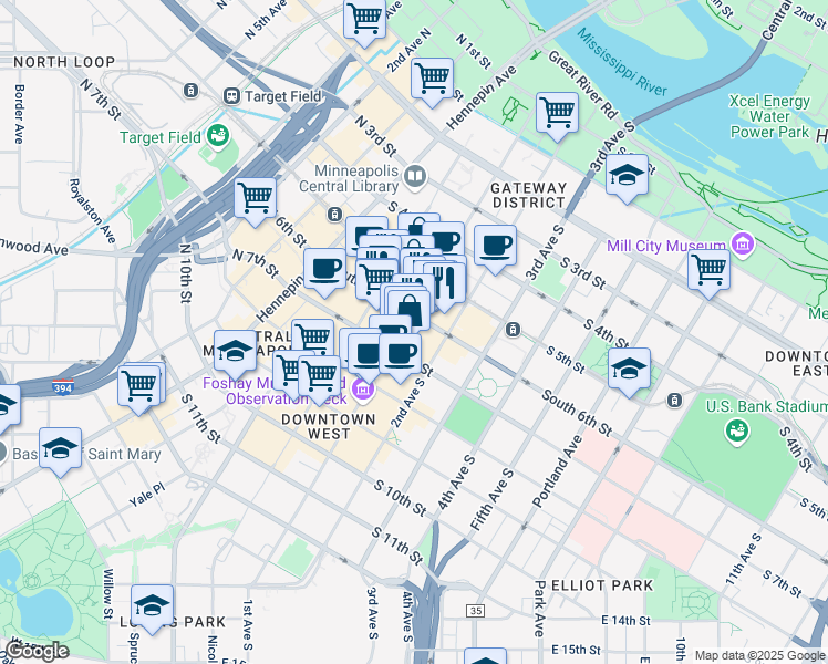 map of restaurants, bars, coffee shops, grocery stores, and more near 100 South 6th Street in Minneapolis
