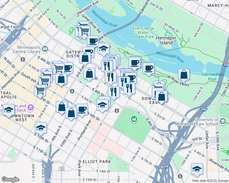 map of restaurants, bars, coffee shops, grocery stores, and more near 609 South 3rd Street in Minneapolis