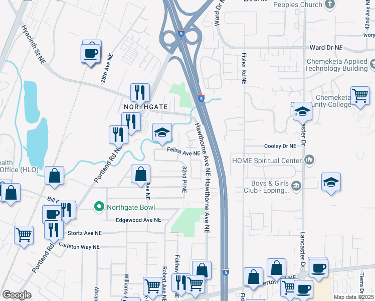 map of restaurants, bars, coffee shops, grocery stores, and more near 3215 Felina Avenue Northeast in Salem