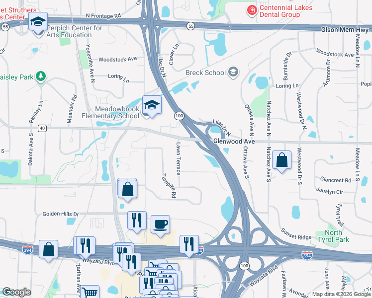 map of restaurants, bars, coffee shops, grocery stores, and more near in Golden Valley