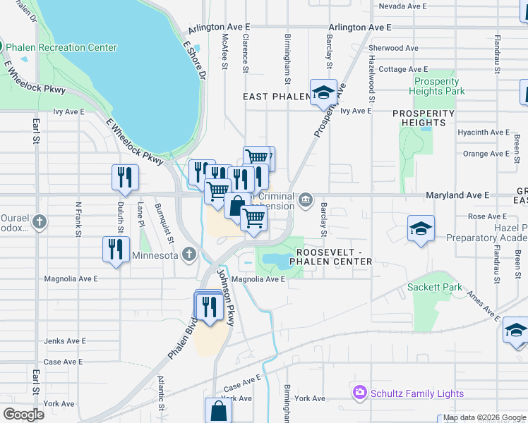 map of restaurants, bars, coffee shops, grocery stores, and more near 1180 Prosperity Avenue in Saint Paul