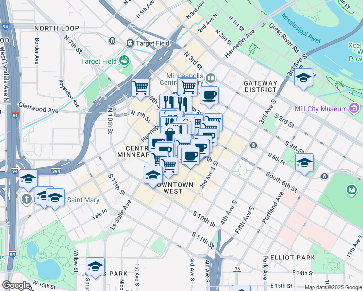 map of restaurants, bars, coffee shops, grocery stores, and more near 700 Nicollet Mall in Minneapolis