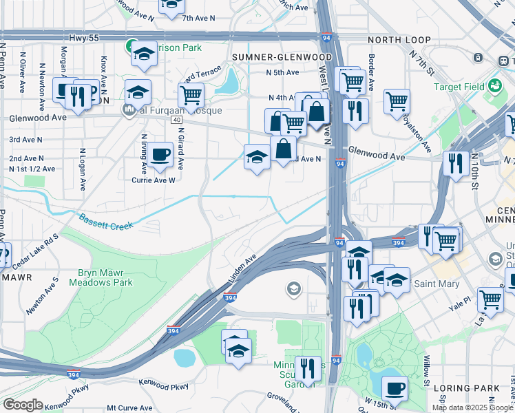 map of restaurants, bars, coffee shops, grocery stores, and more near 51 Colfax Avenue North in Minneapolis