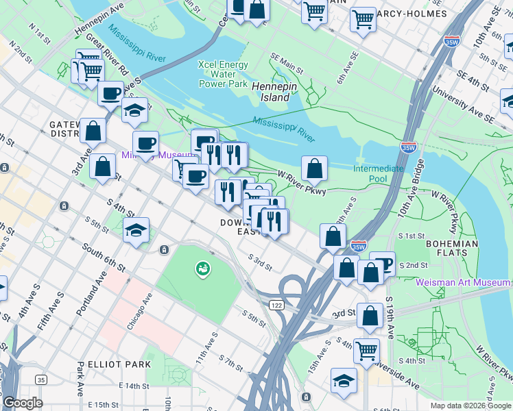 map of restaurants, bars, coffee shops, grocery stores, and more near in Minneapolis