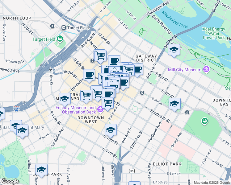 map of restaurants, bars, coffee shops, grocery stores, and more near 100 South 6th Street in Minneapolis