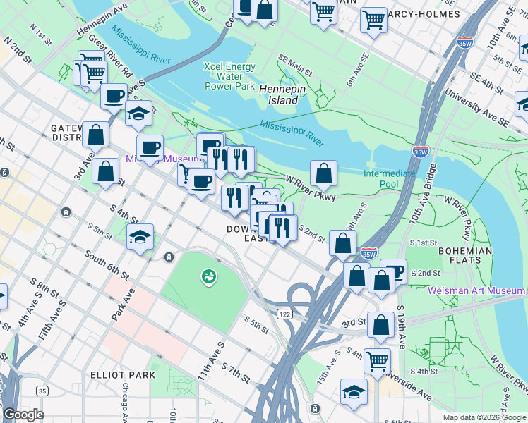map of restaurants, bars, coffee shops, grocery stores, and more near 212 10th Avenue South in Minneapolis