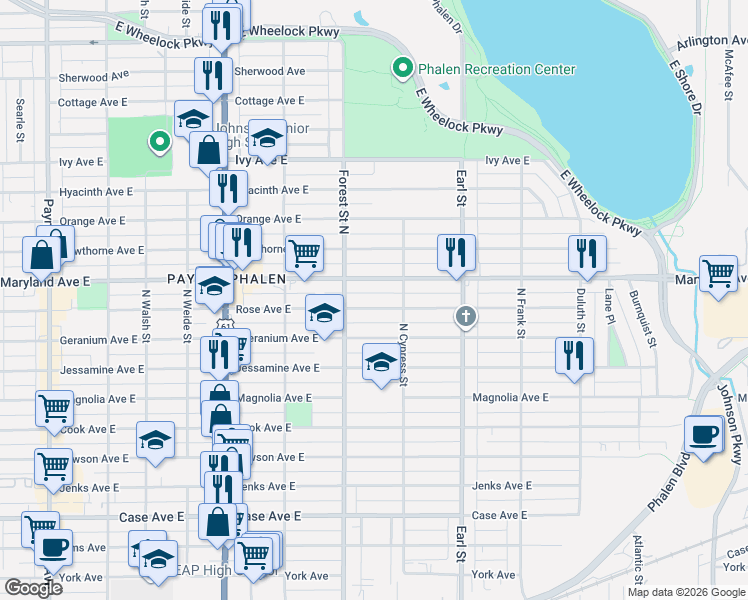 map of restaurants, bars, coffee shops, grocery stores, and more near 958 Maryland Avenue East in Saint Paul