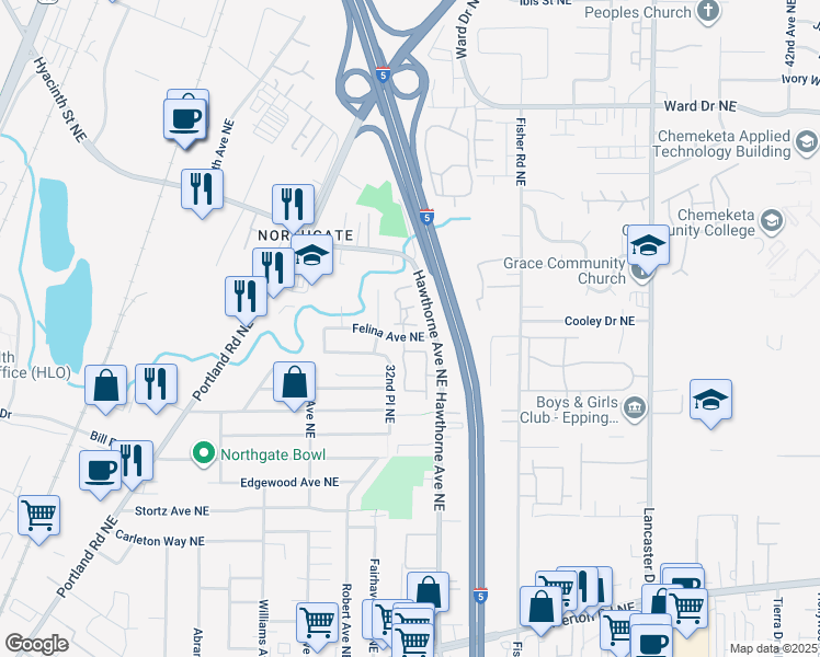 map of restaurants, bars, coffee shops, grocery stores, and more near 3295 Felina Avenue Northeast in Salem