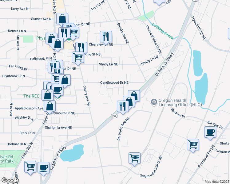map of restaurants, bars, coffee shops, grocery stores, and more near 1208 Candlewood Drive Northeast in Keizer