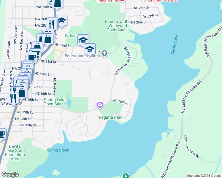 map of restaurants, bars, coffee shops, grocery stores, and more near 1879-1913 Northeast West Devils Lake Road in Lincoln City