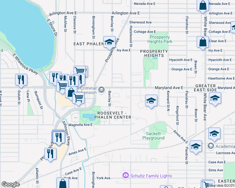 map of restaurants, bars, coffee shops, grocery stores, and more near 1494 Maryland Avenue East in Saint Paul