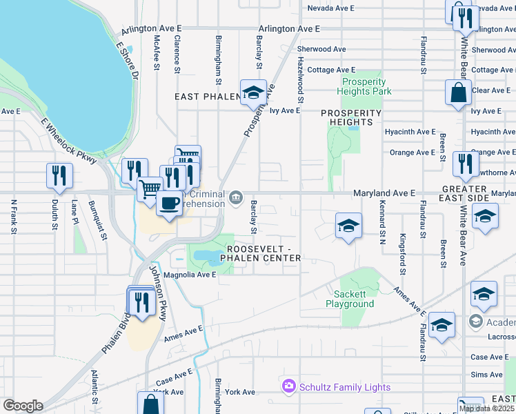 map of restaurants, bars, coffee shops, grocery stores, and more near 1494 Maryland Avenue East in Saint Paul