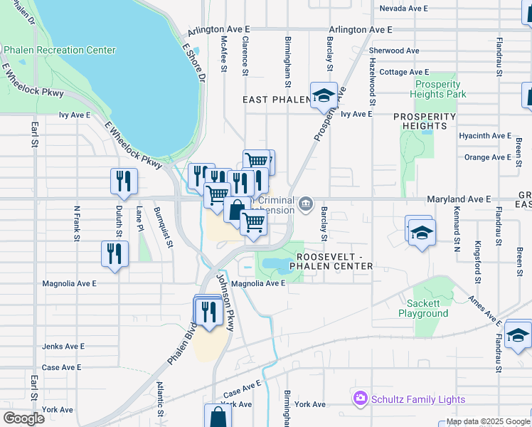 map of restaurants, bars, coffee shops, grocery stores, and more near 1182 Prosperity Avenue in Saint Paul