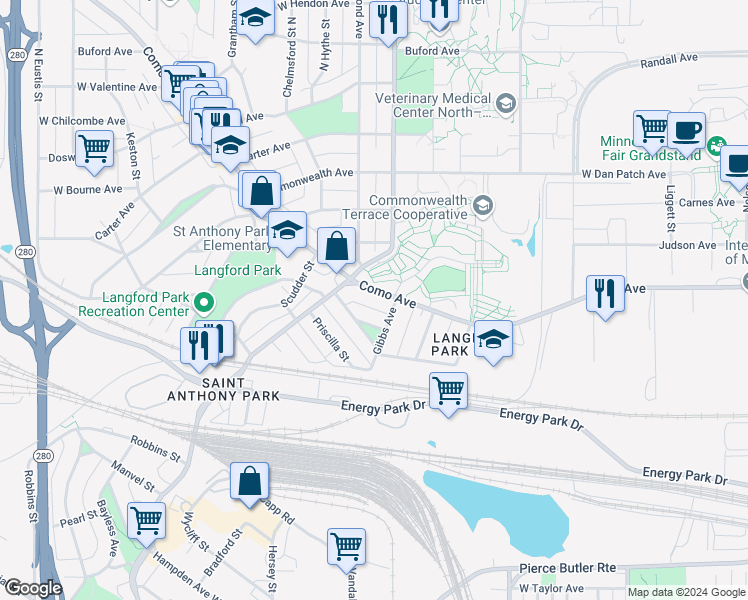map of restaurants, bars, coffee shops, grocery stores, and more near 1187 Gibbs Avenue in Saint Paul