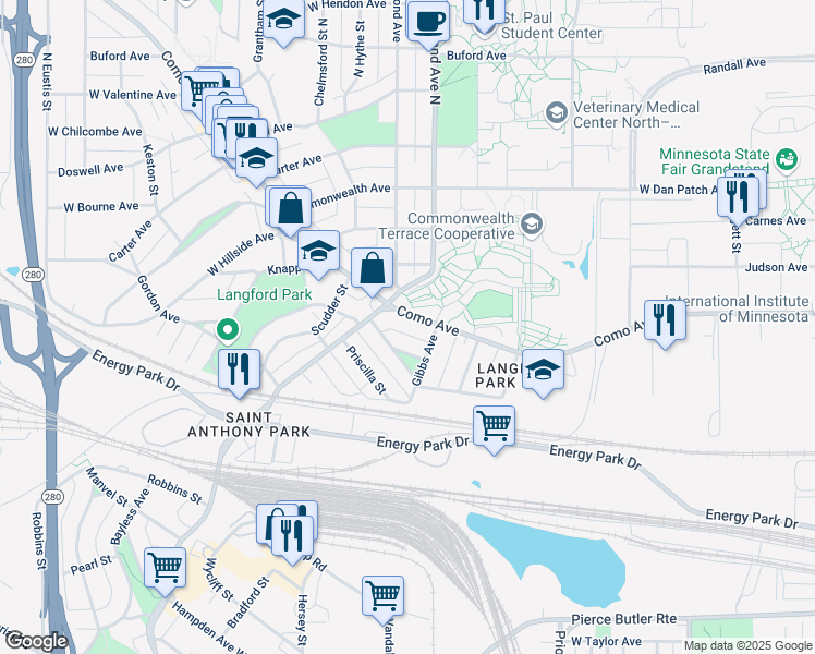 map of restaurants, bars, coffee shops, grocery stores, and more near in Saint Paul