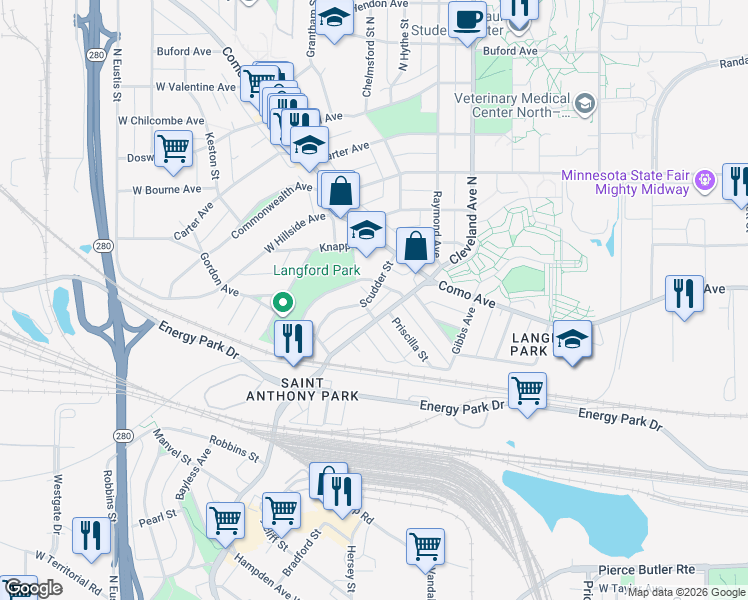 map of restaurants, bars, coffee shops, grocery stores, and more near 2201 Scudder Street in Saint Paul