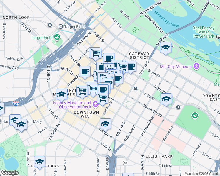 map of restaurants, bars, coffee shops, grocery stores, and more near 100 South 6th Street in Minneapolis