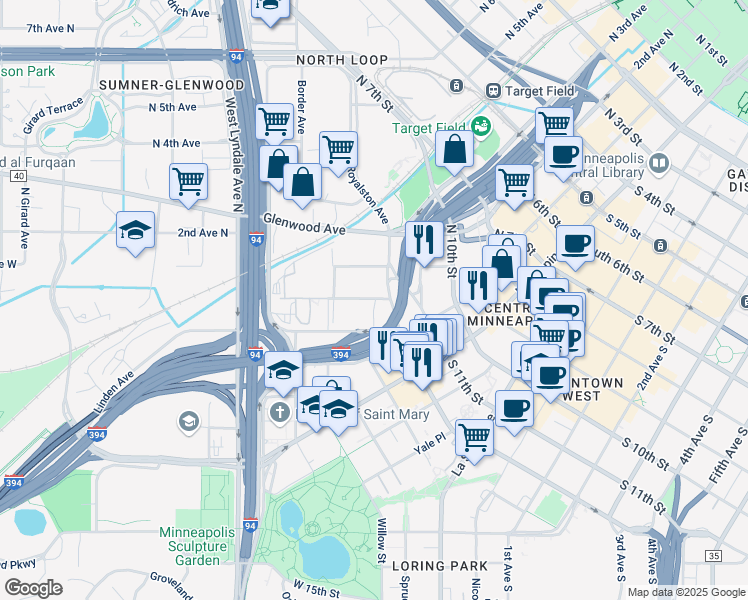 map of restaurants, bars, coffee shops, grocery stores, and more near 1201 Currie Avenue in Minneapolis