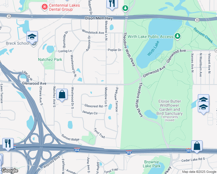 map of restaurants, bars, coffee shops, grocery stores, and more near 9 Meadow Lane North in Minneapolis