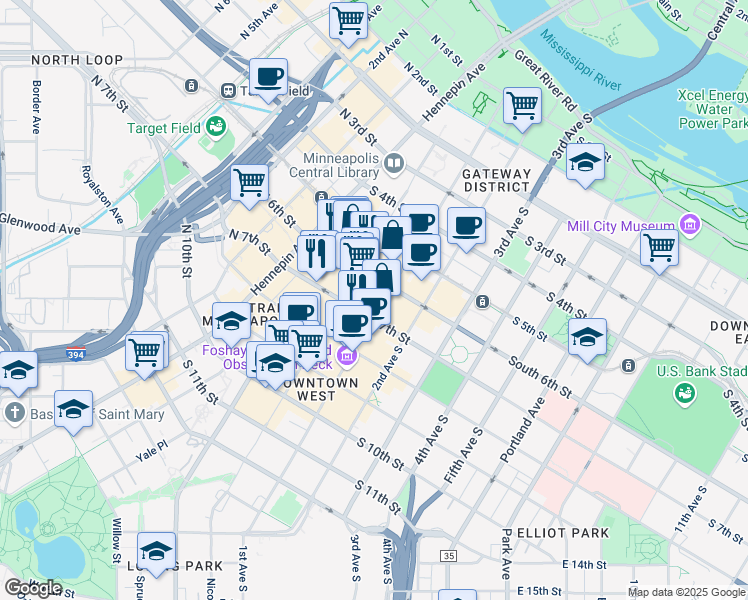 map of restaurants, bars, coffee shops, grocery stores, and more near 90 South 7th Street in Minneapolis