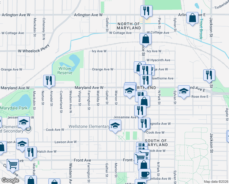 map of restaurants, bars, coffee shops, grocery stores, and more near 221 Maryland Avenue West in Saint Paul