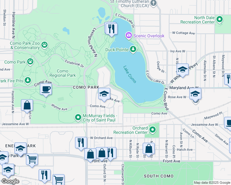 map of restaurants, bars, coffee shops, grocery stores, and more near 1211 West Como Boulevard in Saint Paul