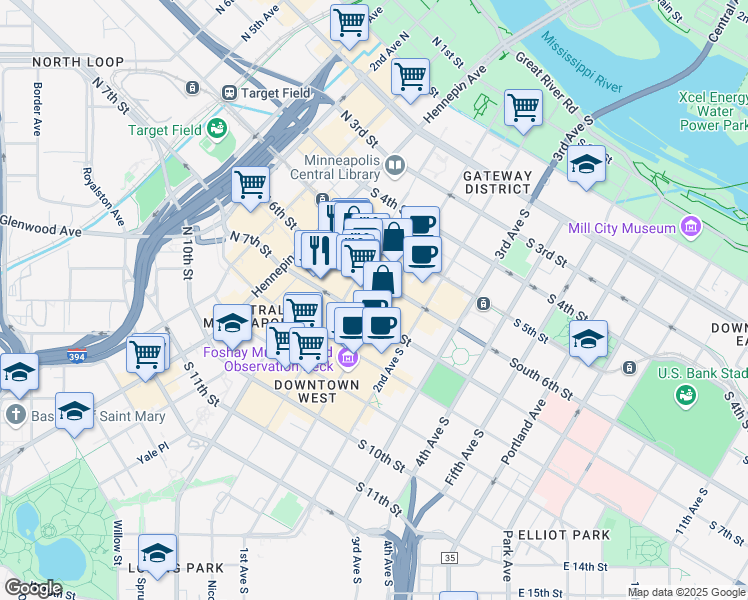 map of restaurants, bars, coffee shops, grocery stores, and more near 90 South 7th Street in Minneapolis