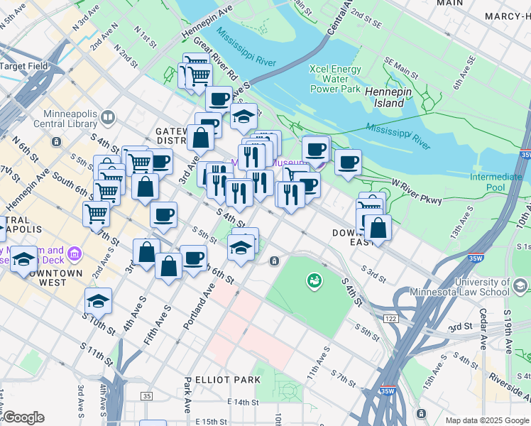 map of restaurants, bars, coffee shops, grocery stores, and more near 609 South 3rd Street in Minneapolis