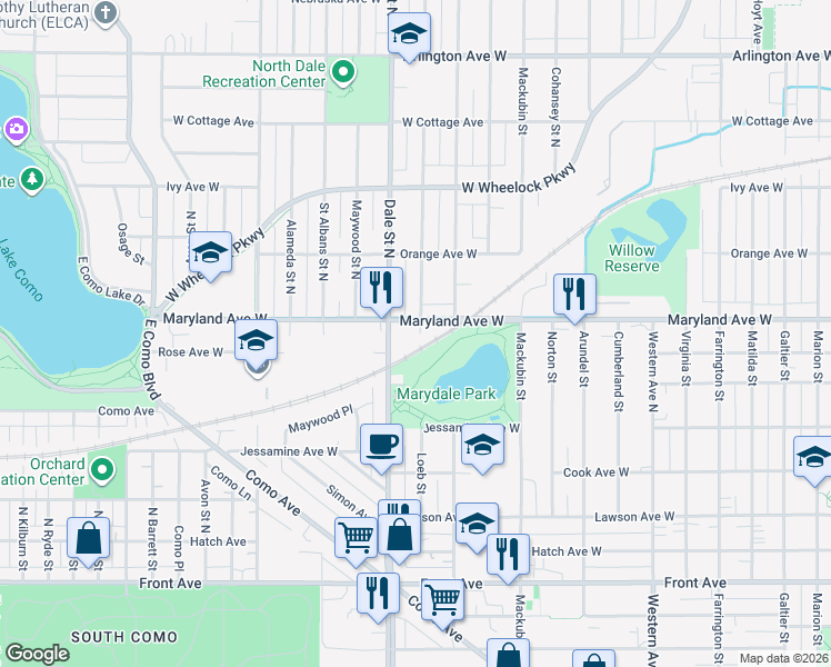 map of restaurants, bars, coffee shops, grocery stores, and more near 1202 Dale Street North in Saint Paul