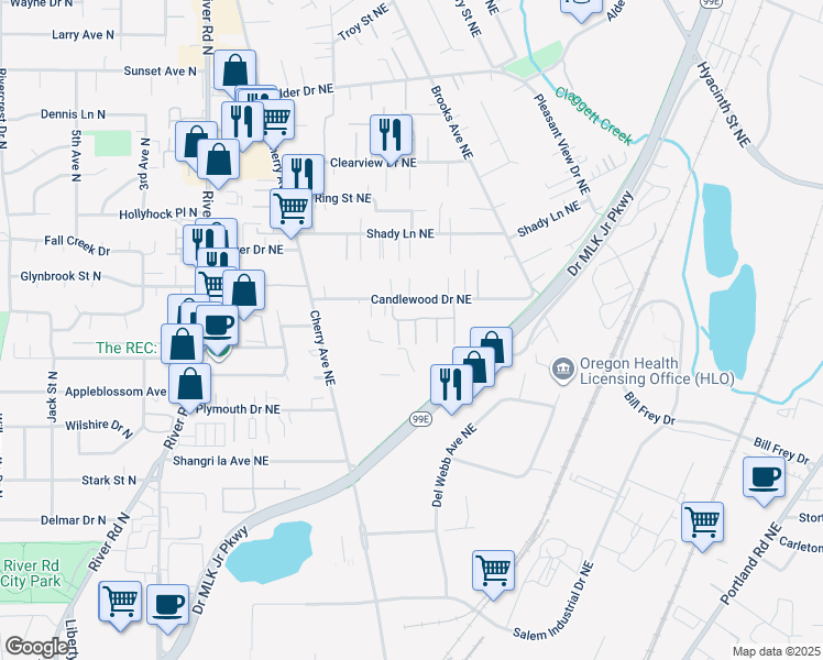 map of restaurants, bars, coffee shops, grocery stores, and more near 1208 Candlewood Drive Northeast in Keizer