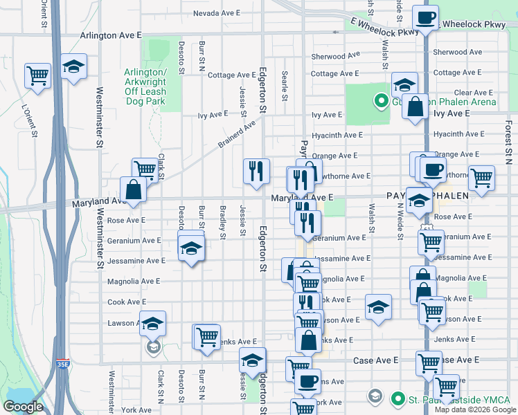 map of restaurants, bars, coffee shops, grocery stores, and more near 575 Maryland Avenue East in Saint Paul