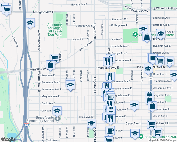 map of restaurants, bars, coffee shops, grocery stores, and more near 535 Maryland Avenue East in Saint Paul