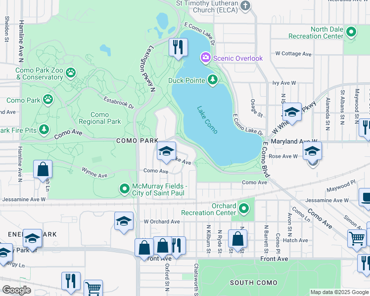 map of restaurants, bars, coffee shops, grocery stores, and more near 1211 West Como Boulevard in Saint Paul