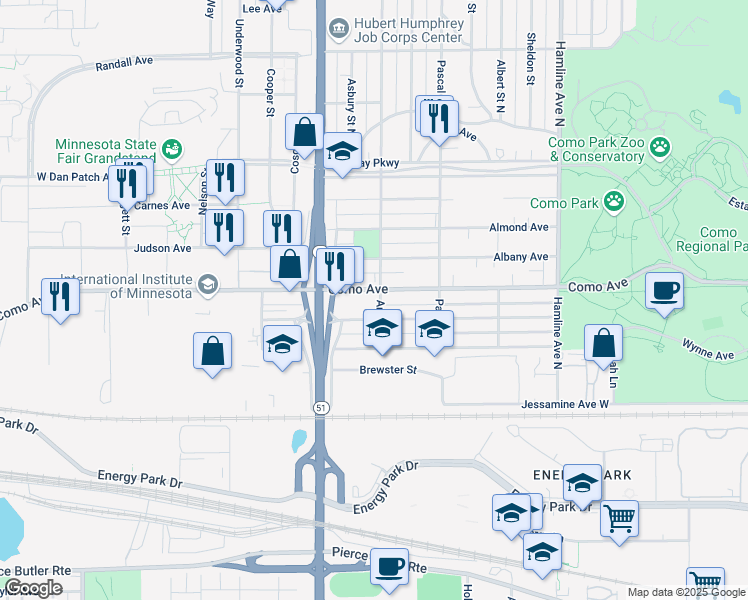map of restaurants, bars, coffee shops, grocery stores, and more near 1535 Como Avenue in Saint Paul
