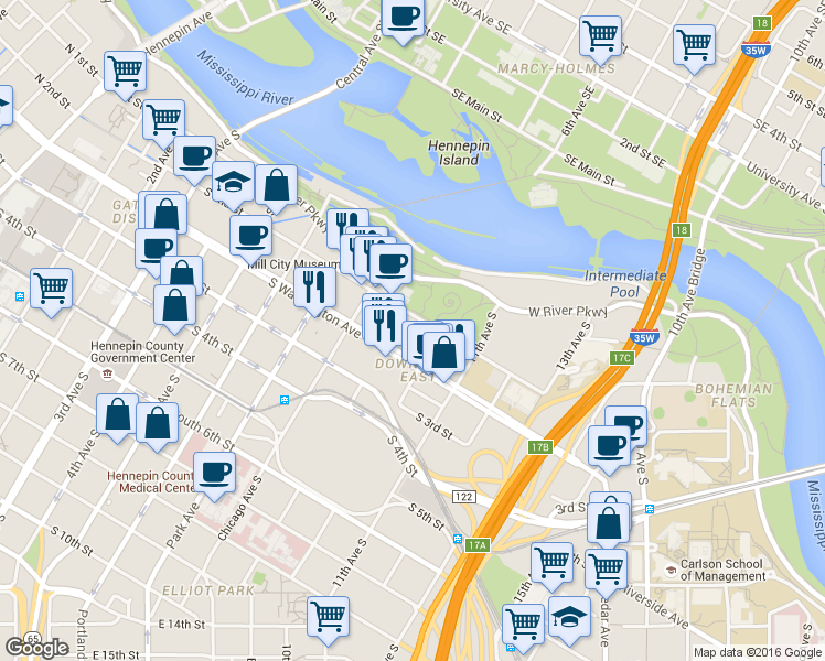 map of restaurants, bars, coffee shops, grocery stores, and more near 900 South 2nd Street in Minneapolis