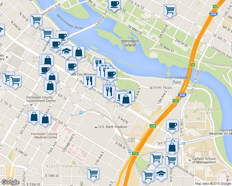 map of restaurants, bars, coffee shops, grocery stores, and more near 900 South 2nd Street in Minneapolis