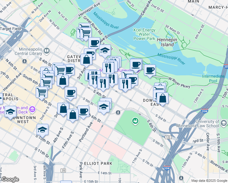 map of restaurants, bars, coffee shops, grocery stores, and more near 530 South 3rd Street in Minneapolis
