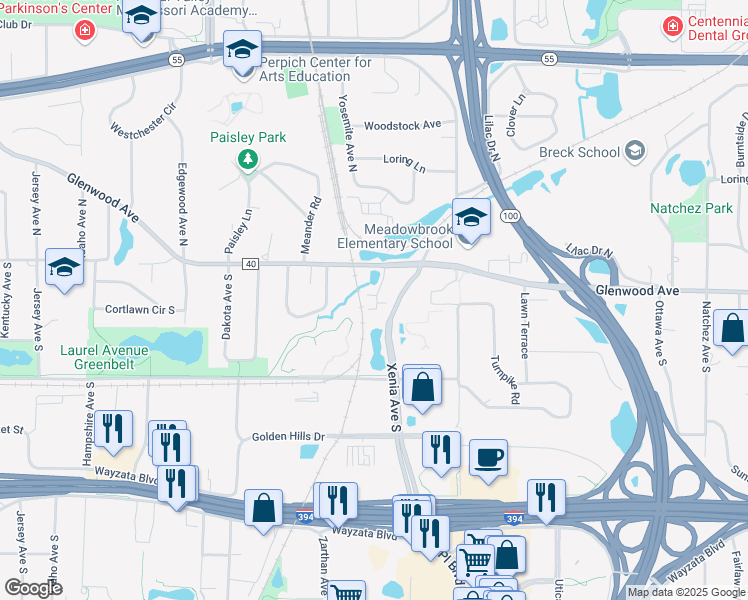 map of restaurants, bars, coffee shops, grocery stores, and more near 5701 Glenwood Avenue in Minneapolis