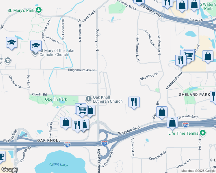 map of restaurants, bars, coffee shops, grocery stores, and more near 323 Willoughby Way East in Hopkins