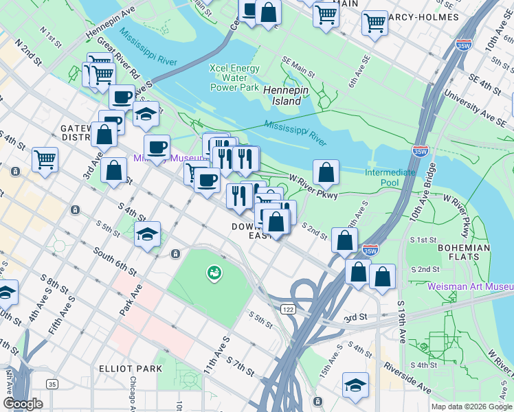 map of restaurants, bars, coffee shops, grocery stores, and more near 900 South 2nd Street in Minneapolis