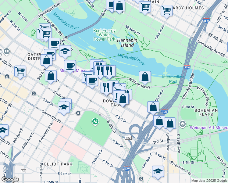 map of restaurants, bars, coffee shops, grocery stores, and more near 900 South 2nd Street in Minneapolis