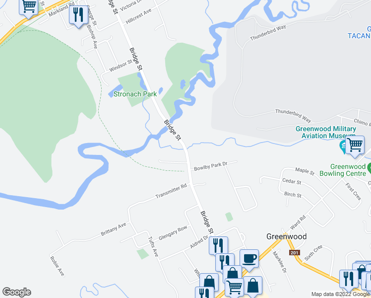 map of restaurants, bars, coffee shops, grocery stores, and more near Bridge Street in Kings County