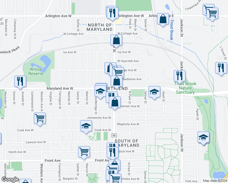 map of restaurants, bars, coffee shops, grocery stores, and more near in Saint Paul