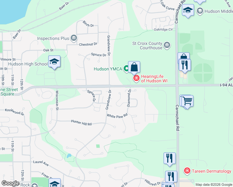 map of restaurants, bars, coffee shops, grocery stores, and more near 628 Grandview Drive in Hudson